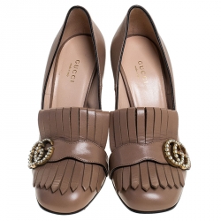 مملوكة مسبقًا Gucci Beige Leather GG Marmont Fringe Loafer Pumps Size 38