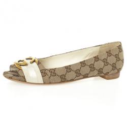 مملوكة مسبقًا Gucci Guccissima Canvas 'Interlocking' Peep Toe Ballet Flats Size 38