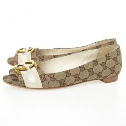 مملوكة مسبقًا Gucci Guccissima Canvas 'Interlocking' Peep Toe Ballet Flats Size 38