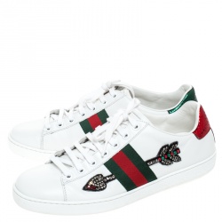 Pre Owned Gucci White Leather Crystal Embellished Arrow Ace Low Top Sneakers Size 38.5