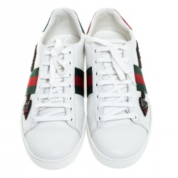 Pre Owned Gucci White Leather Crystal Embellished Arrow Ace Low Top Sneakers Size 38.5