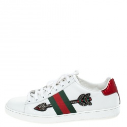 Pre Owned Gucci White Leather Crystal Embellished Arrow Ace Low Top Sneakers Size 38.5