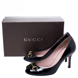 Pre Owned Gucci Black Guccissima Patent Leather Horsebit Peep Toe Pumps Size 39.5