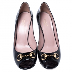 Pre Owned Gucci Black Guccissima Patent Leather Horsebit Peep Toe Pumps Size 39.5