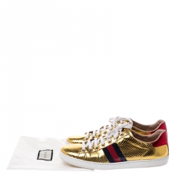 Gucci Metallic Python Embossed Gold Ace Lace Up Sneakers Size 40.5