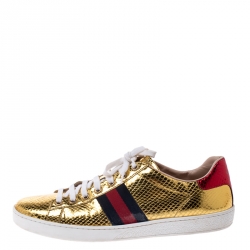Gucci Metallic Python Embossed Gold Ace Lace Up Sneakers Size 40.5
