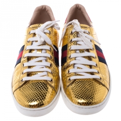 Gucci Metallic Python Embossed Gold Ace Lace Up Sneakers Size 40.5