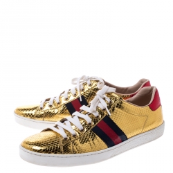 Gucci Metallic Python Embossed Gold Ace Lace Up Sneakers Size 40.5