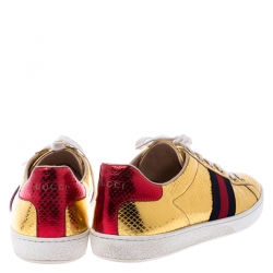 Gucci Metallic Python Embossed Gold Ace Lace Up Sneakers Size 40.5