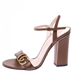  Gucci Brown Leather GG Block Heel Ankle Strap Sandals Size 37