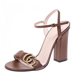  Gucci Brown Leather GG Block Heel Ankle Strap Sandals Size 37