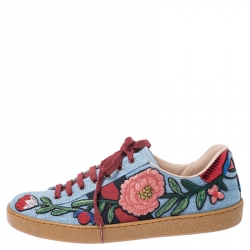 Gucci Multicolor Denim Ace Floral Embroidered Low Top Sneakers Size 37.5