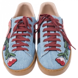 Gucci Multicolor Denim Ace Floral Embroidered Low Top Sneakers Size 37.5