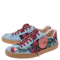 Gucci Multicolor Denim Ace Floral Embroidered Low Top Sneakers Size 37.5