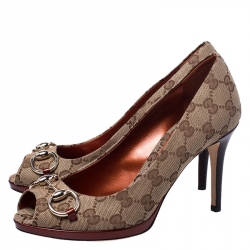 Gucci Beige GG Canvas And Leather New Hollywood Horsebit Peep Toe Pumps Size 37