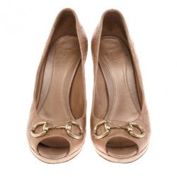 مملوكة مسبقًا Gucci Tan Guccissima Leather New Hollywood Horsebit Peep Toe Pumps Size 40