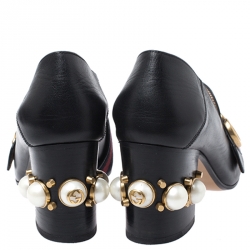 Pre Owned حذاء كعب عالي غوتشي مرصع لؤلؤ تفاصيل ويب GG جلد ثعبان أسود مقاس 37.5