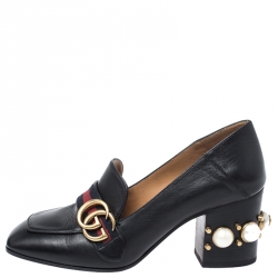 Pre Owned حذاء كعب عالي غوتشي مرصع لؤلؤ تفاصيل ويب GG جلد ثعبان أسود مقاس 37.5