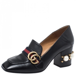 Pre Owned حذاء كعب عالي غوتشي مرصع لؤلؤ تفاصيل ويب GG جلد ثعبان أسود مقاس 37.5