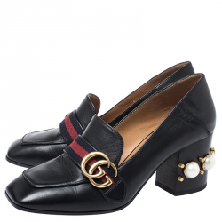 Pre Owned حذاء كعب عالي غوتشي مرصع لؤلؤ تفاصيل ويب GG جلد ثعبان أسود مقاس 37.5