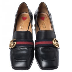 Pre Owned حذاء كعب عالي غوتشي مرصع لؤلؤ تفاصيل ويب GG جلد ثعبان أسود مقاس 37.5