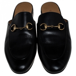 Pre Owned Gucci Black Leather Horsebit Mules Size 37