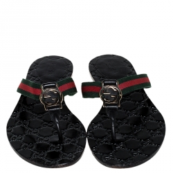 مملوكة مسبقًا صندل بإصبع غوتشي جلد غوتشيسيما أسود وكانفا GG ويب مقاس 36.5