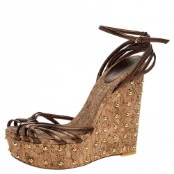 Pre Owned صندل غوتشي نعل سميك كعب روكي فيلين مرصع جلد بني ميتالك مقاس 38