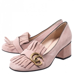 Pre Owned Gucci Light Pink Suede GG Marmont Fringe Pumps Size 36