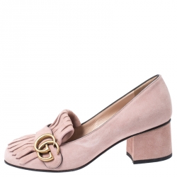 Pre Owned Gucci Light Pink Suede GG Marmont Fringe Pumps Size 36