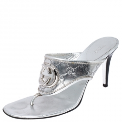 Pre Owned Gucci Metallic Silver Guccissima Leather GG Thong Sandals Size 40