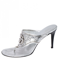 Pre Owned Gucci Metallic Silver Guccissima Leather GG Thong Sandals Size 40