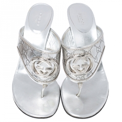 Pre Owned Gucci Metallic Silver Guccissima Leather GG Thong Sandals Size 40