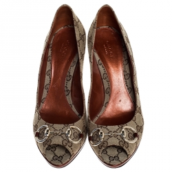 مملوكة مسبقًا حذاء  كعب عالي غوتشيهورسبيت مقدمة مفتوحة كانفاس GG بيج مقاس 39