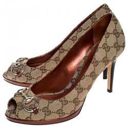 مملوكة مسبقًا حذاء كعب عالي غوتشيهورسبيت مقدمة مفتوحة كانفاس GG بيج مقاس 39