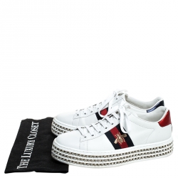 Pre Owned Gucci White Leather And Bee Web Detail New Ace Crystal Embellished Platform Sneakers Size 37