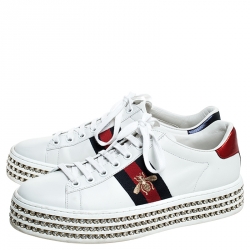 Pre Owned Gucci White Leather And Bee Web Detail New Ace Crystal Embellished Platform Sneakers Size 37