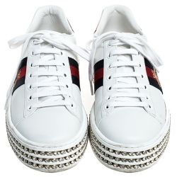 Pre Owned Gucci White Leather And Bee Web Detail New Ace Crystal Embellished Platform Sneakers Size 37