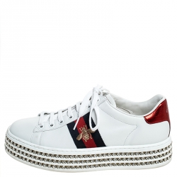 Pre Owned Gucci White Leather And Bee Web Detail New Ace Crystal Embellished Platform Sneakers Size 37