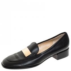 Pre Owned Gucci Black Leather Gold-Tone Logo Plate Block Heel Loafer Pumps Size 37
