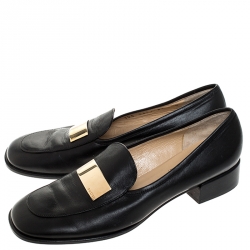 Pre Owned Gucci Black Leather Gold-Tone Logo Plate Block Heel Loafer Pumps Size 37
