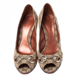 Pre Owned Gucci Brown Guccissima Canvas New Hollywood Horsebit Peep Toe Pumps Size 39.5