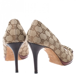 Pre Owned Gucci Brown Guccissima Canvas New Hollywood Horsebit Peep Toe Pumps Size 39.5