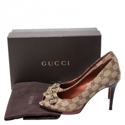 Pre Owned Gucci Brown Guccissima Canvas New Hollywood Horsebit Peep Toe Pumps Size 39.5