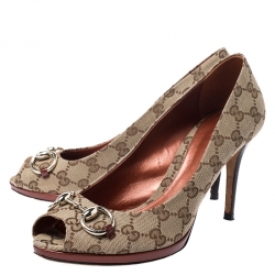 Pre Owned Gucci Brown Guccissima Canvas New Hollywood Horsebit Peep Toe Pumps Size 39.5