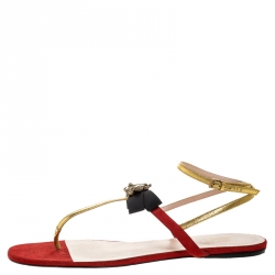 Pre Owned Gucci Red/Gold Suede and Leather Moody Bow Thong Flats Size 40