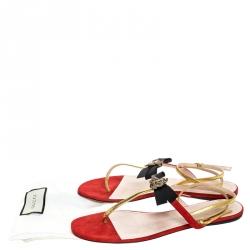 Pre Owned Gucci Red/Gold Suede and Leather Moody Bow Thong Flats Size 40