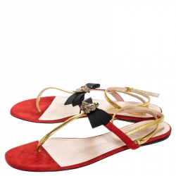 Pre Owned Gucci Red/Gold Suede and Leather Moody Bow Thong Flats Size 40