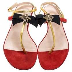 Pre Owned Gucci Red/Gold Suede and Leather Moody Bow Thong Flats Size 40
