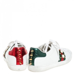 مملوكة مسبقًا Gucci White Leather Python Trim Web Detail New Ace Faux Pearl Embellished Low Top Sneakers Size 39